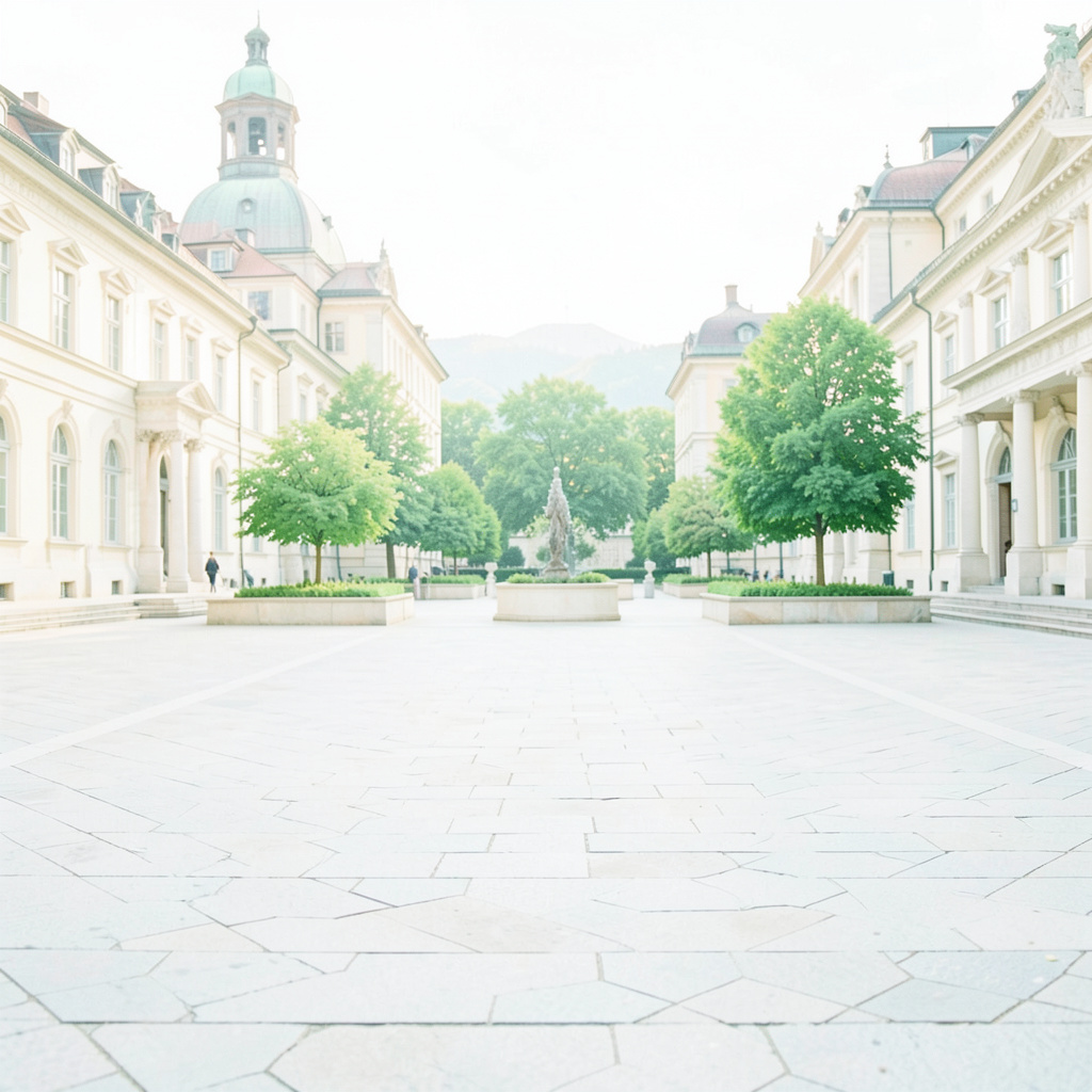 A bright, airy photograph of a formal outdoor plaza in Geneva with soft morning light, pale stone surfaces, and a sense of quiet dignity.